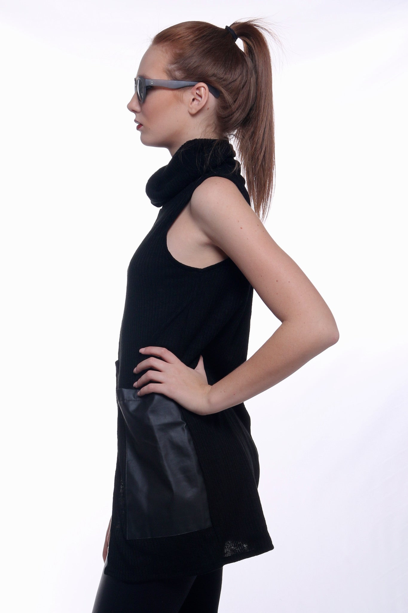 Black Split Dress With Leather Pockets